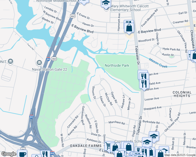 map of restaurants, bars, coffee shops, grocery stores, and more near 8267 Simons Drive in Norfolk
