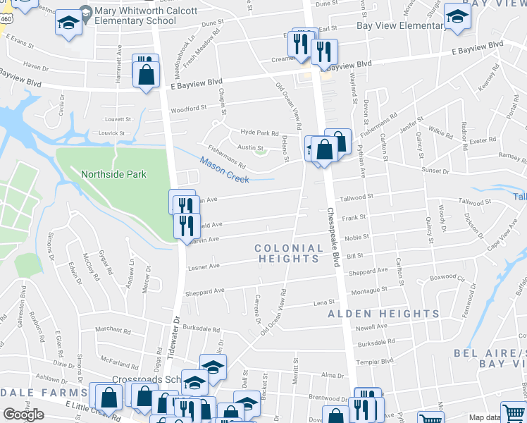 map of restaurants, bars, coffee shops, grocery stores, and more near 824 Mayfield Avenue in Norfolk