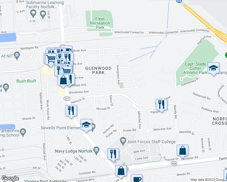map of restaurants, bars, coffee shops, grocery stores, and more near 329 Woodview Avenue in Norfolk