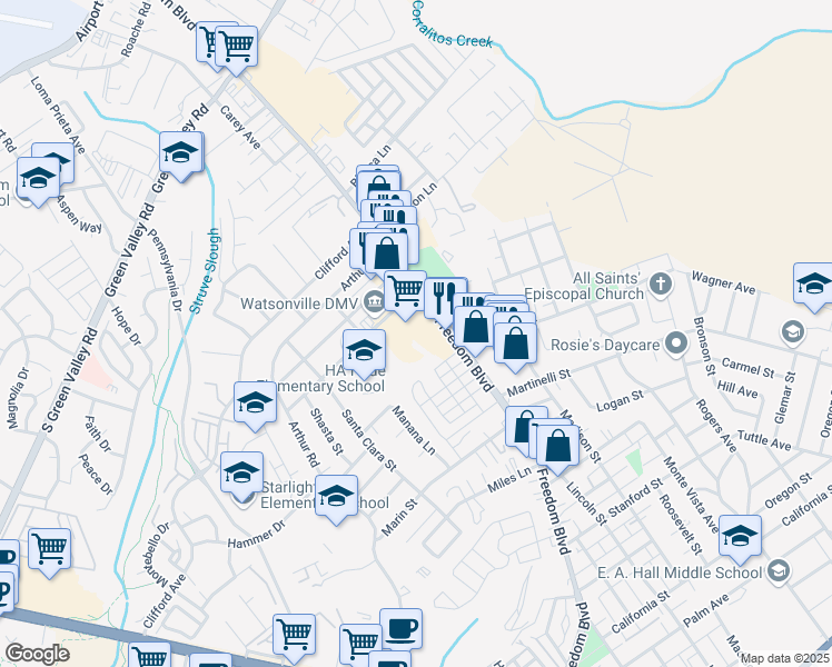 map of restaurants, bars, coffee shops, grocery stores, and more near in Watsonville
