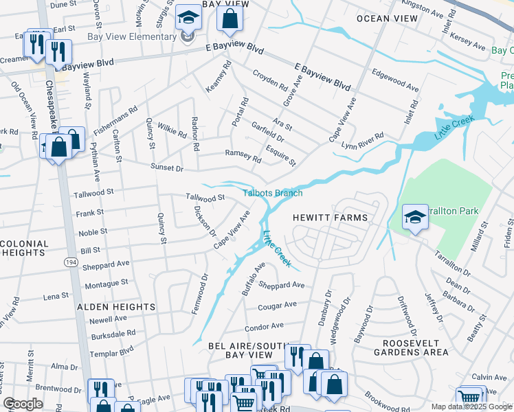 map of restaurants, bars, coffee shops, grocery stores, and more near 8384 Cape View Avenue in Norfolk