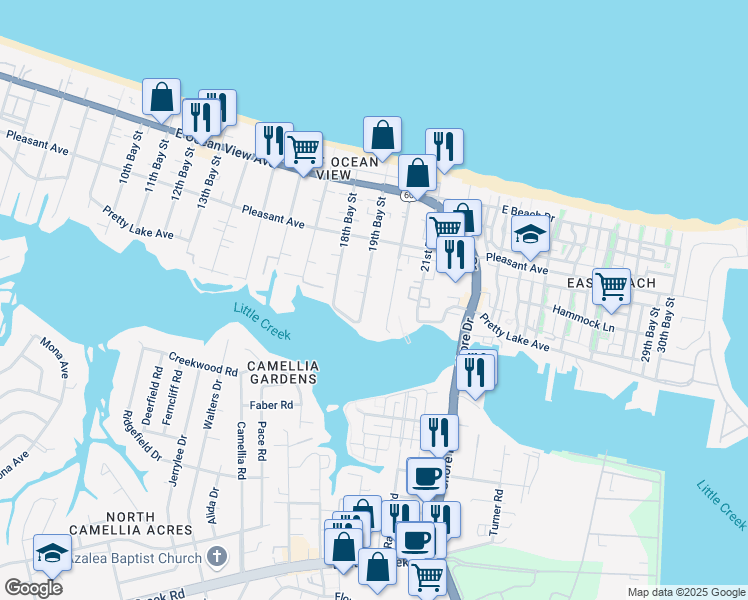 map of restaurants, bars, coffee shops, grocery stores, and more near 9524 19th Bay Street in Norfolk