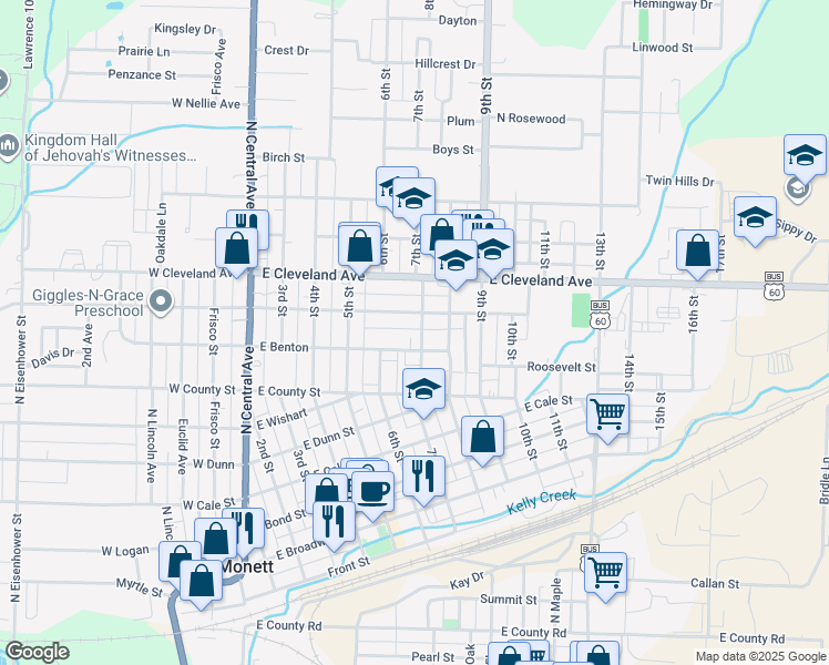 map of restaurants, bars, coffee shops, grocery stores, and more near 706 7th Street in Monett