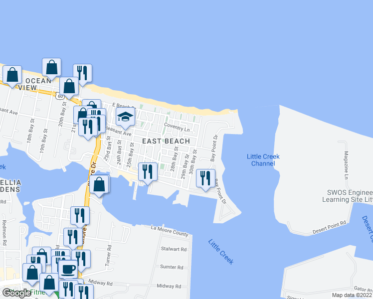 map of restaurants, bars, coffee shops, grocery stores, and more near 4851 Pleasant Avenue in Norfolk