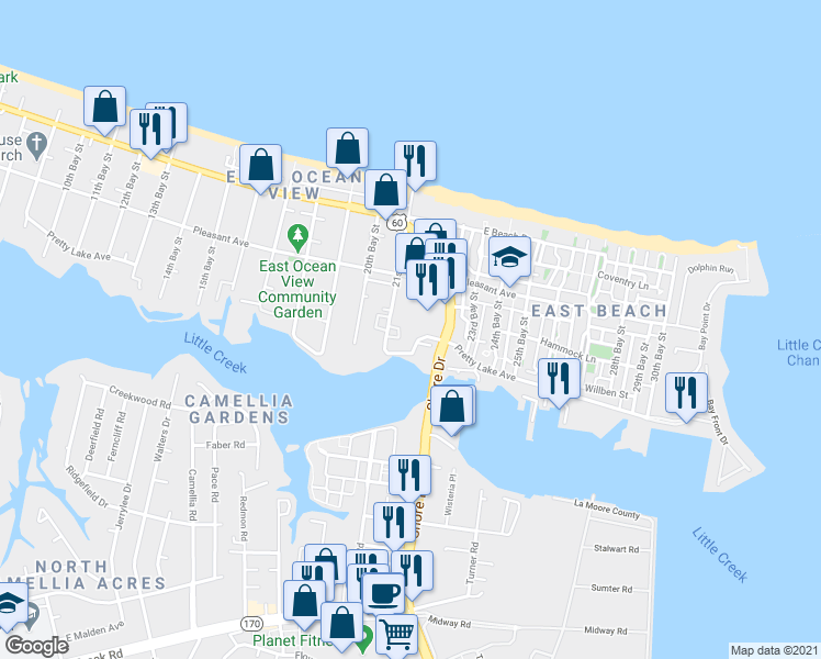 map of restaurants, bars, coffee shops, grocery stores, and more near 9519 22nd Bay Street in Norfolk