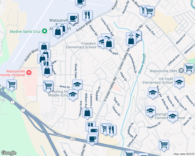 map of restaurants, bars, coffee shops, grocery stores, and more near 62 Lawrence Ave in Watsonville