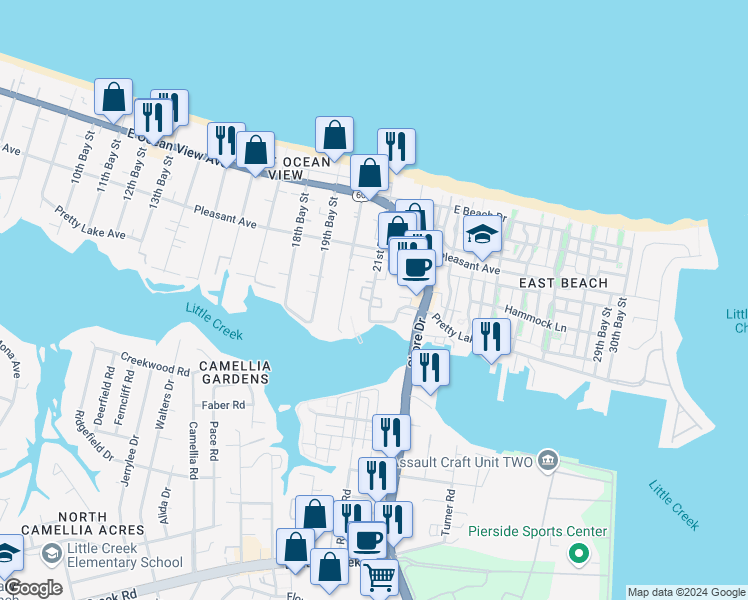 map of restaurants, bars, coffee shops, grocery stores, and more near 9524 21st Bay Street in Norfolk