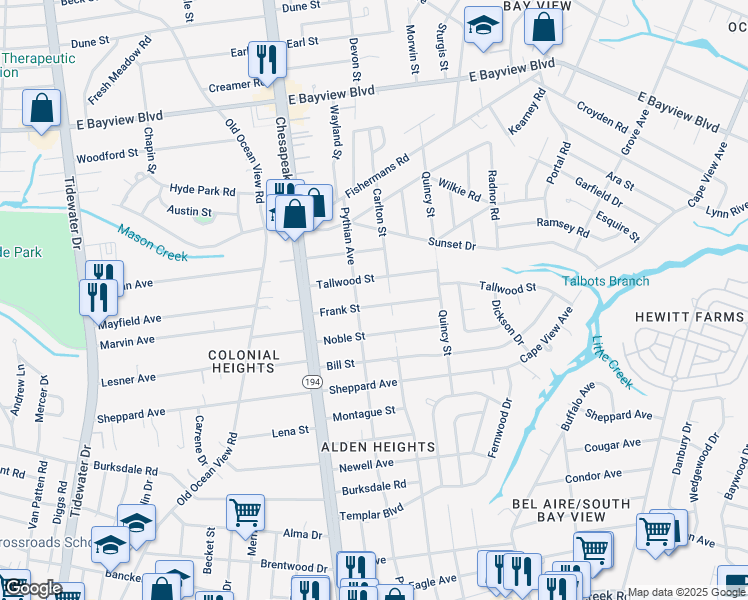 map of restaurants, bars, coffee shops, grocery stores, and more near 1214 Frank Street in Norfolk