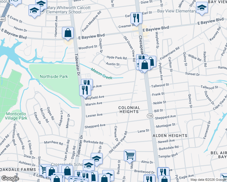 map of restaurants, bars, coffee shops, grocery stores, and more near 808 Mayfield Avenue in Norfolk