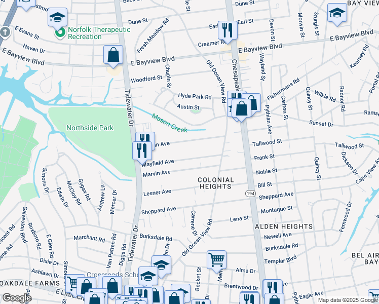 map of restaurants, bars, coffee shops, grocery stores, and more near 808 Mayfield Avenue in Norfolk