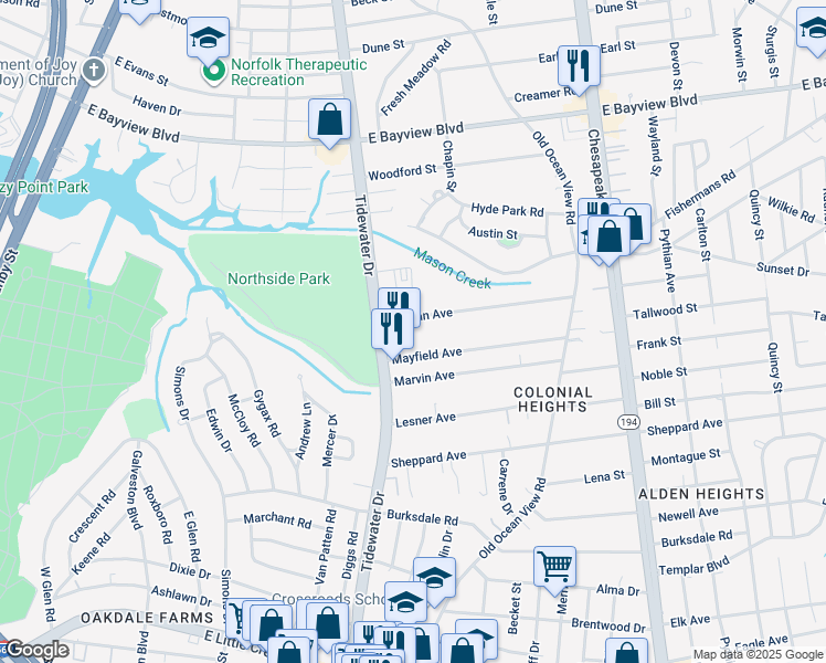 map of restaurants, bars, coffee shops, grocery stores, and more near 729 Norman Avenue in Norfolk
