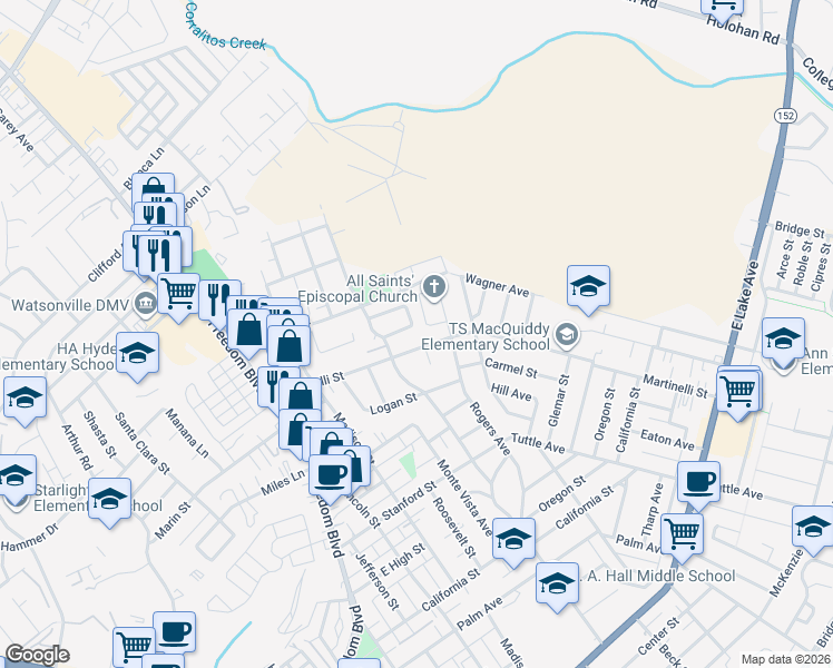 map of restaurants, bars, coffee shops, grocery stores, and more near 320 Arbol Drive in Watsonville