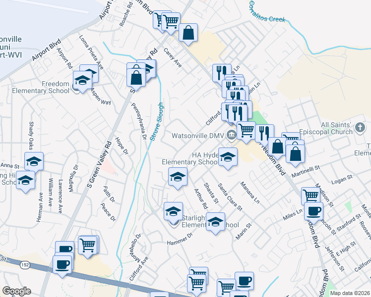 map of restaurants, bars, coffee shops, grocery stores, and more near 116 Arthur Road in Watsonville