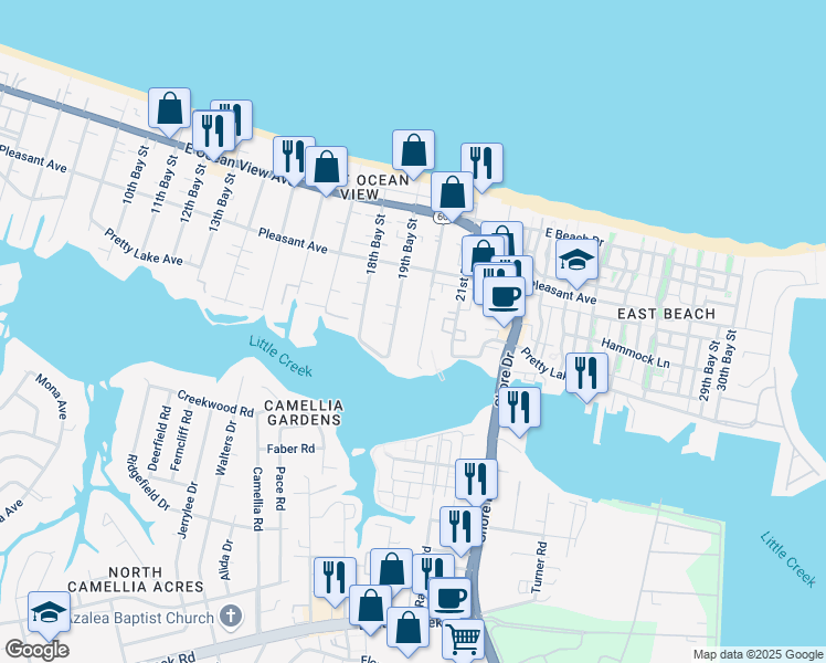 map of restaurants, bars, coffee shops, grocery stores, and more near 9524 19th Bay Street in Norfolk