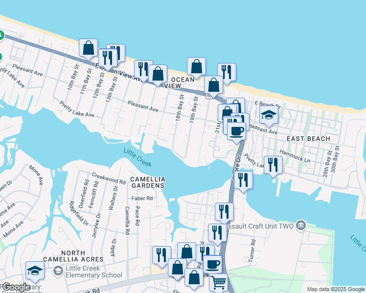 map of restaurants, bars, coffee shops, grocery stores, and more near 3801 Pretty Lake Avenue in Norfolk