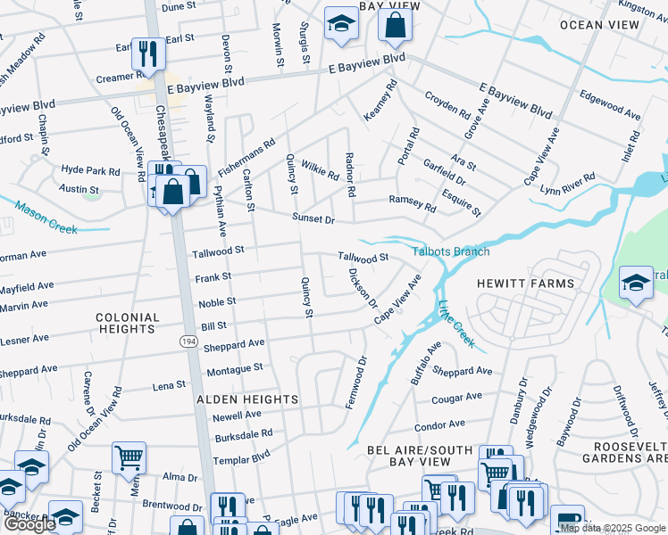 map of restaurants, bars, coffee shops, grocery stores, and more near 8352 Woody Court in Norfolk