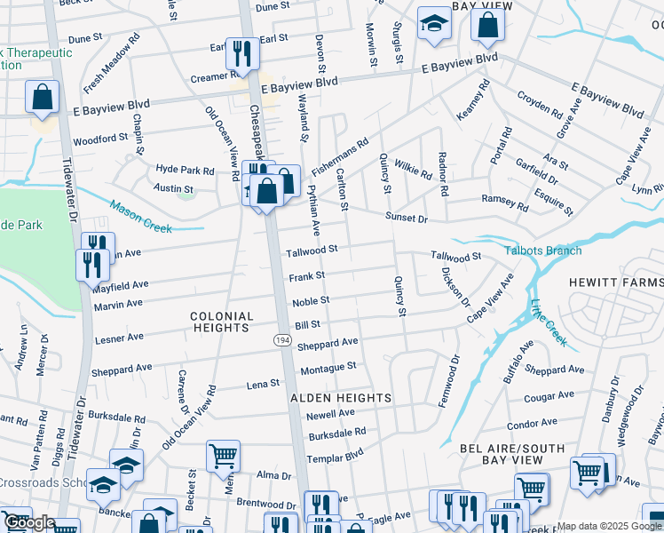 map of restaurants, bars, coffee shops, grocery stores, and more near 1214 Frank Street in Norfolk
