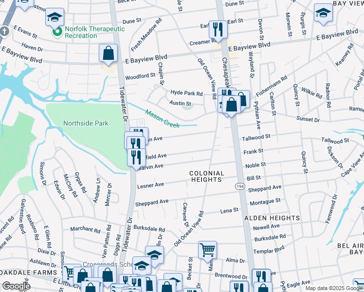 map of restaurants, bars, coffee shops, grocery stores, and more near 808 Mayfield Avenue in Norfolk