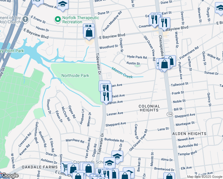 map of restaurants, bars, coffee shops, grocery stores, and more near 729 Norman Avenue in Norfolk