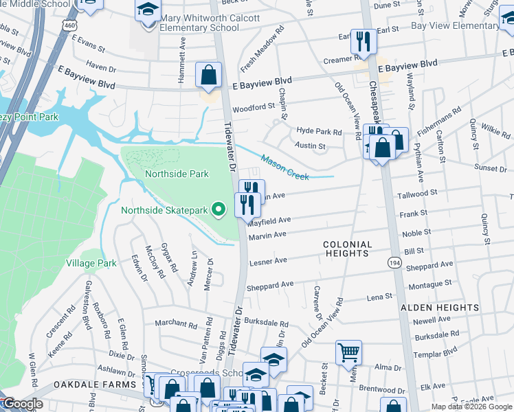 map of restaurants, bars, coffee shops, grocery stores, and more near 737 Norman Avenue in Norfolk
