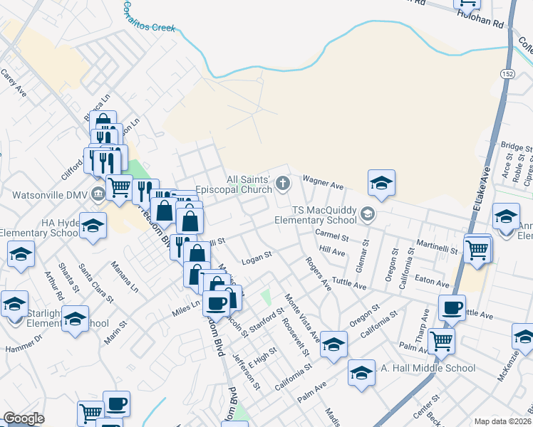 map of restaurants, bars, coffee shops, grocery stores, and more near 320 Arbol Drive in Watsonville