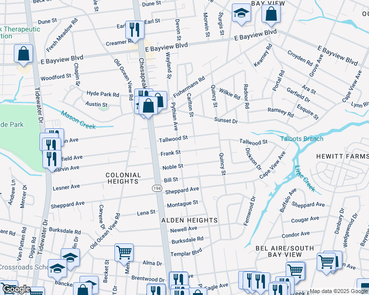 map of restaurants, bars, coffee shops, grocery stores, and more near 1214 Frank Street in Norfolk