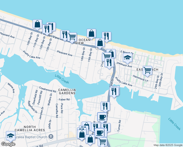 map of restaurants, bars, coffee shops, grocery stores, and more near 9524 19th Bay Street in Norfolk