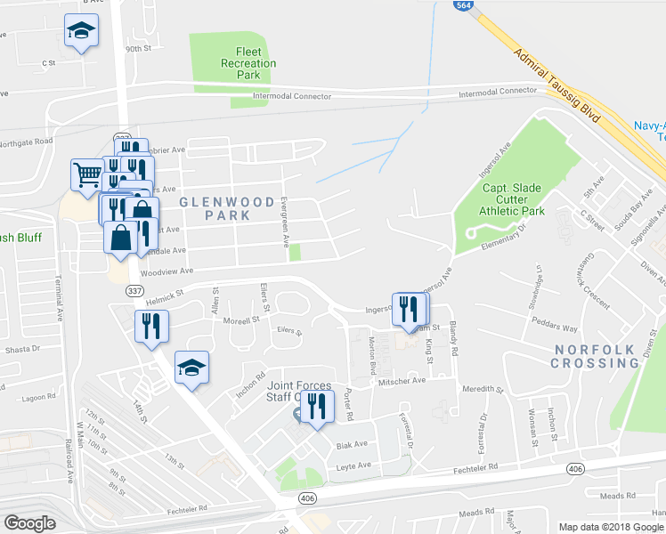 map of restaurants, bars, coffee shops, grocery stores, and more near 429 Woodview Avenue in Norfolk