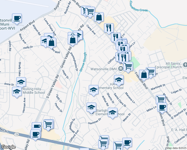 map of restaurants, bars, coffee shops, grocery stores, and more near 4 Melrose Avenue in Watsonville