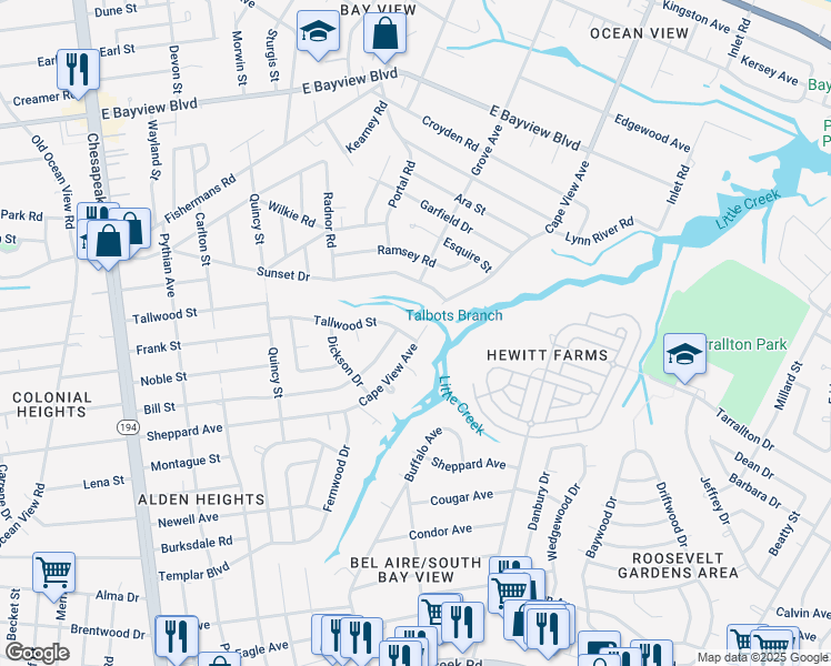map of restaurants, bars, coffee shops, grocery stores, and more near 1674 Tallwood Street in Norfolk