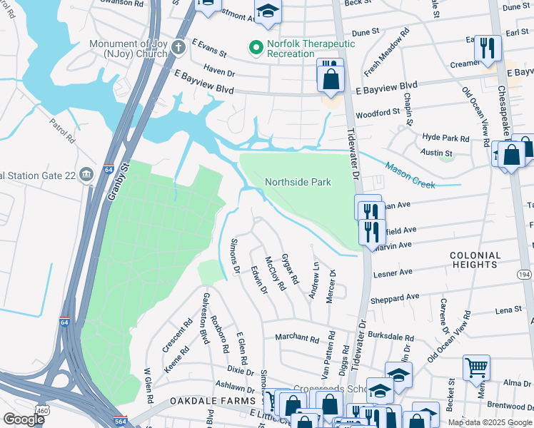 map of restaurants, bars, coffee shops, grocery stores, and more near 8262 Gygax Road in Norfolk