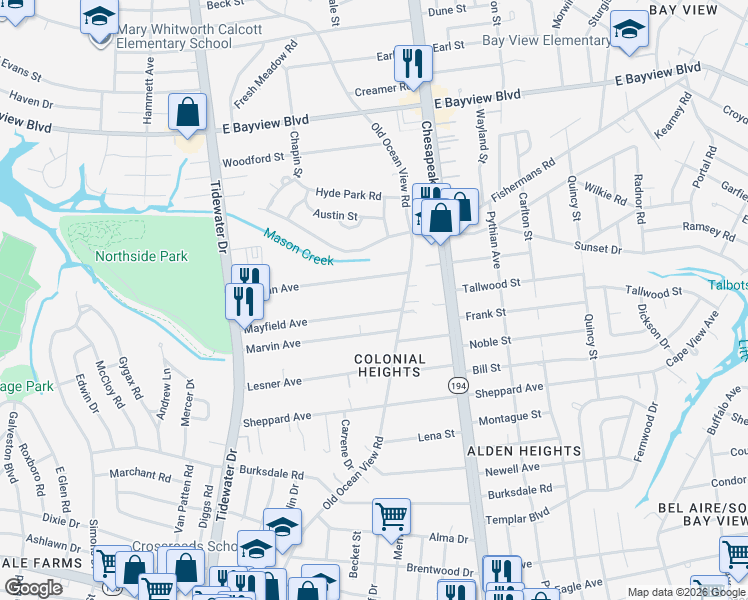 map of restaurants, bars, coffee shops, grocery stores, and more near 850 Mayfield Avenue in Norfolk
