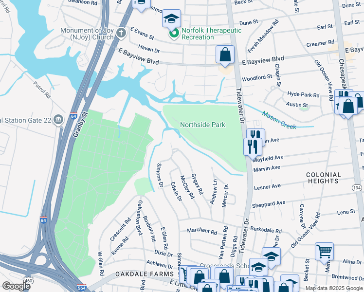 map of restaurants, bars, coffee shops, grocery stores, and more near 8262 Gygax Road in Norfolk