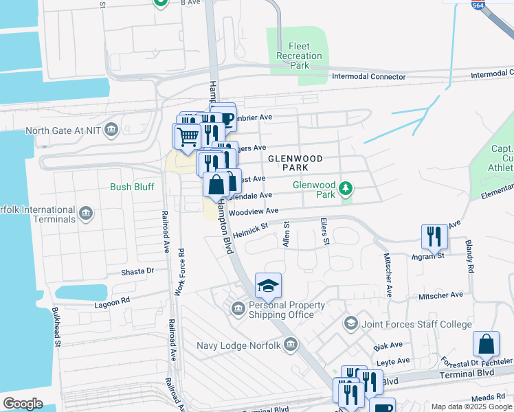 map of restaurants, bars, coffee shops, grocery stores, and more near 134 Woodview Avenue in Norfolk