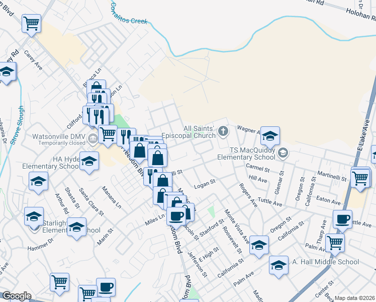 map of restaurants, bars, coffee shops, grocery stores, and more near 967 Brewington Avenue in Watsonville