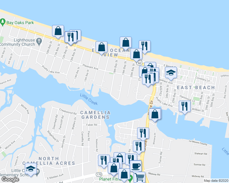 map of restaurants, bars, coffee shops, grocery stores, and more near 9508 18th Bay Street in Norfolk