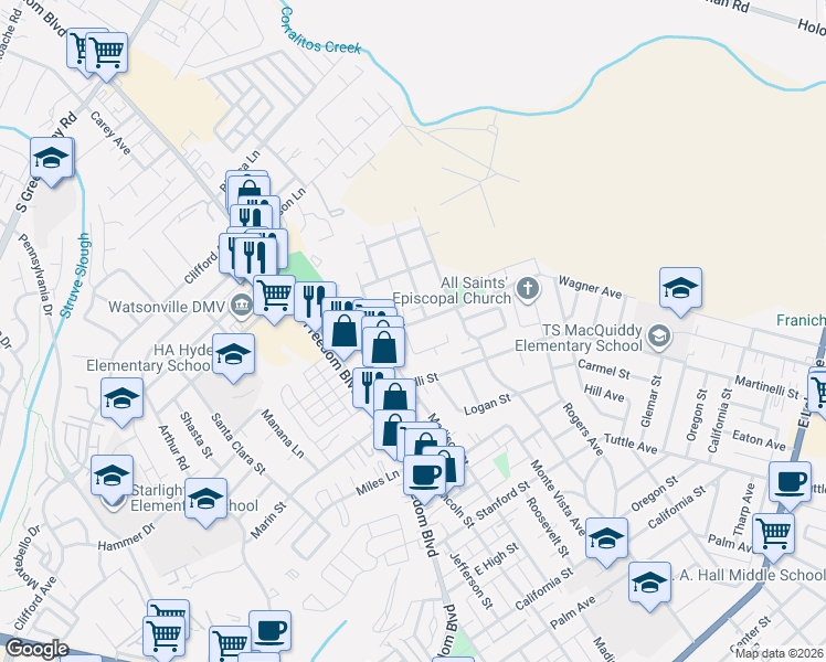 map of restaurants, bars, coffee shops, grocery stores, and more near 167 Crestview Court in Watsonville
