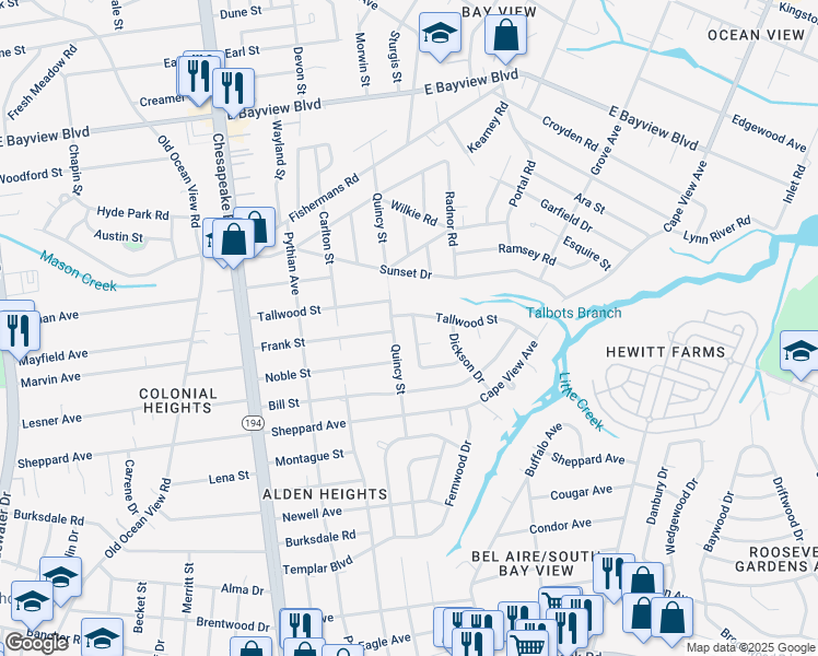 map of restaurants, bars, coffee shops, grocery stores, and more near 8369 Woody Drive in Norfolk