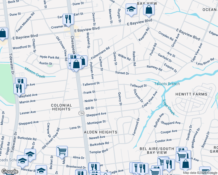 map of restaurants, bars, coffee shops, grocery stores, and more near 1314 Frank Street in Norfolk