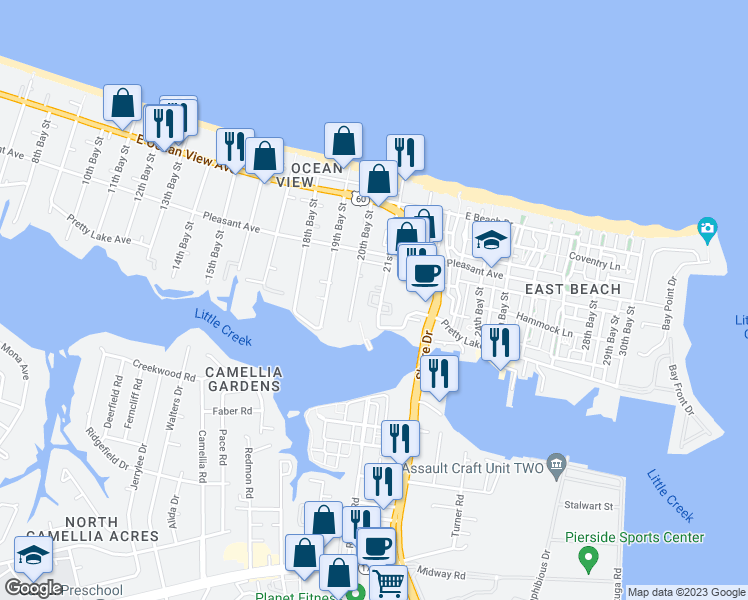 map of restaurants, bars, coffee shops, grocery stores, and more near 9521 21st Bay Street in Norfolk