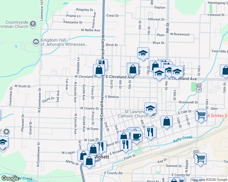 map of restaurants, bars, coffee shops, grocery stores, and more near 800 4th Street in Monett