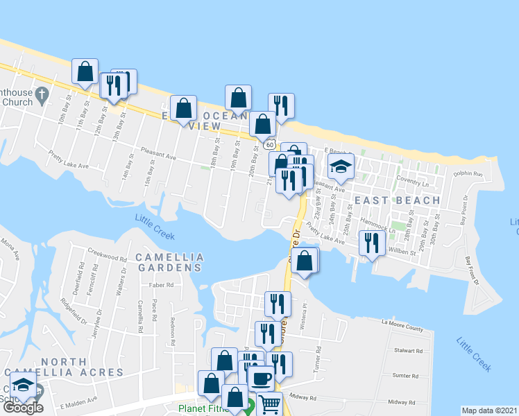 map of restaurants, bars, coffee shops, grocery stores, and more near 9519 21st Bay Street in Norfolk