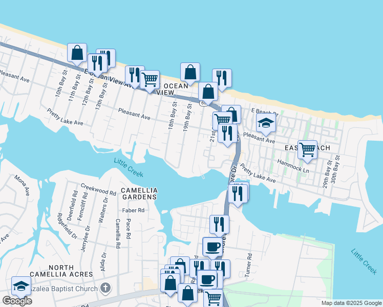 map of restaurants, bars, coffee shops, grocery stores, and more near 9524 19th Bay Street in Norfolk