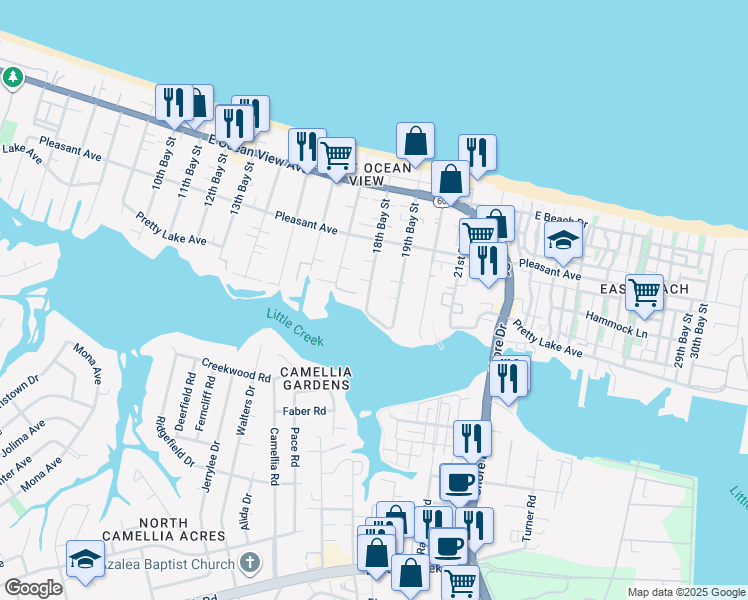 map of restaurants, bars, coffee shops, grocery stores, and more near 3801 Pretty Lake Avenue in Norfolk