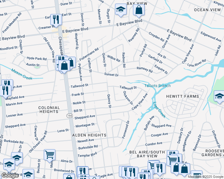 map of restaurants, bars, coffee shops, grocery stores, and more near 8369 Woody Drive in Norfolk