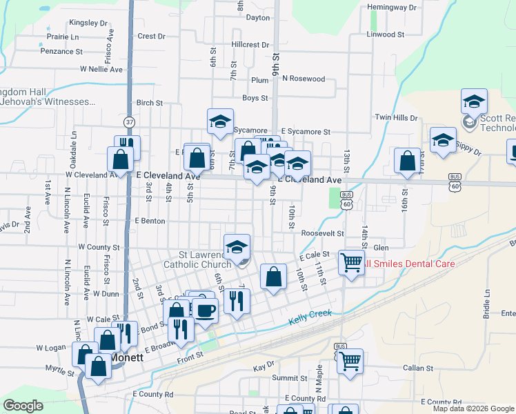 map of restaurants, bars, coffee shops, grocery stores, and more near 601-657 8th St in Monett