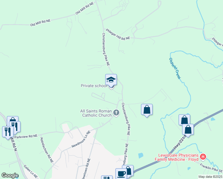 map of restaurants, bars, coffee shops, grocery stores, and more near 470 Christiansburg Pike Northeast in Floyd
