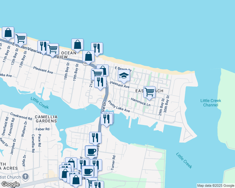 map of restaurants, bars, coffee shops, grocery stores, and more near 9565 24th Bay Street in Norfolk