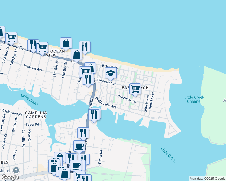 map of restaurants, bars, coffee shops, grocery stores, and more near 9573 25th Bay Street in Norfolk