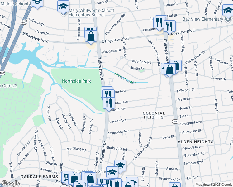 map of restaurants, bars, coffee shops, grocery stores, and more near 737 Norman Avenue in Norfolk